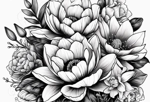 Poppy, water lily, Lily of the valley, daffodil, cosmo, rose, daisy flower bouquet, portrait style tattoo idea