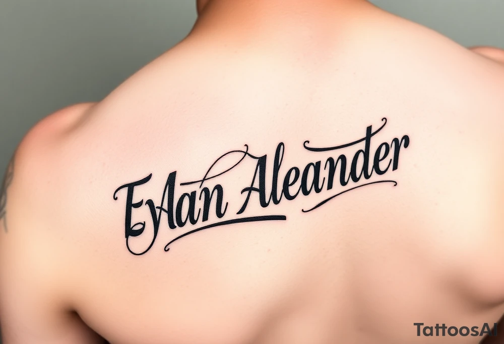 Name tattoo that says Evan Alexander scroll 
on forearm tattoo idea