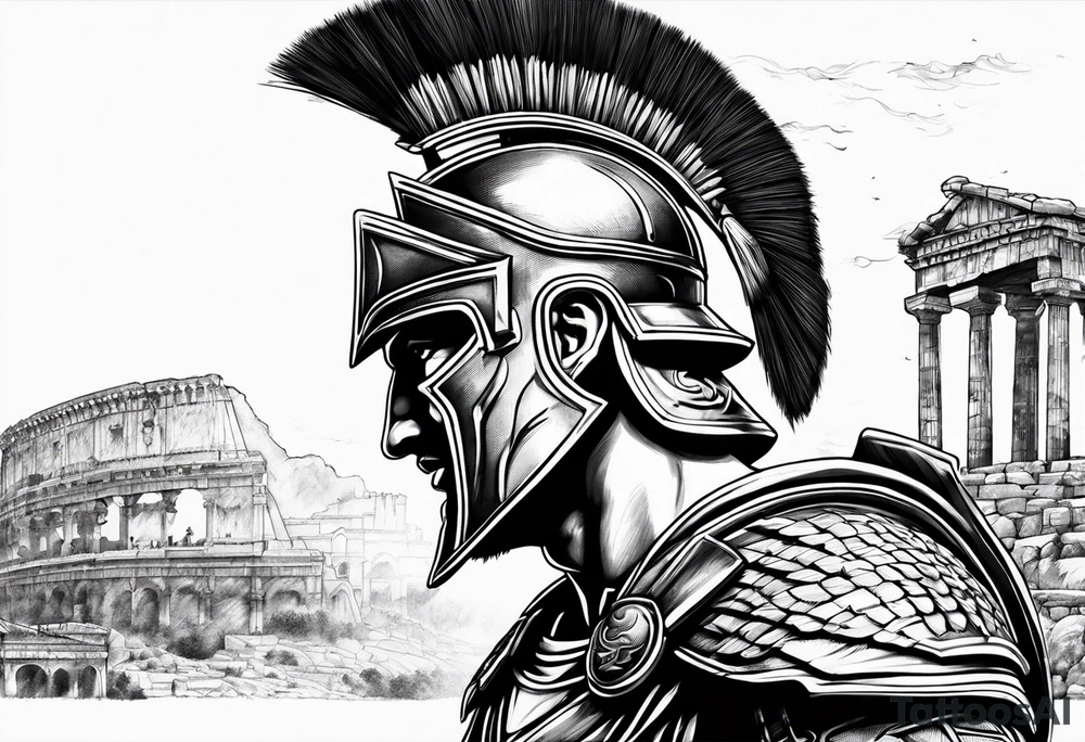 Side profile Spartan Solider ancient roman city in the background tattoo idea