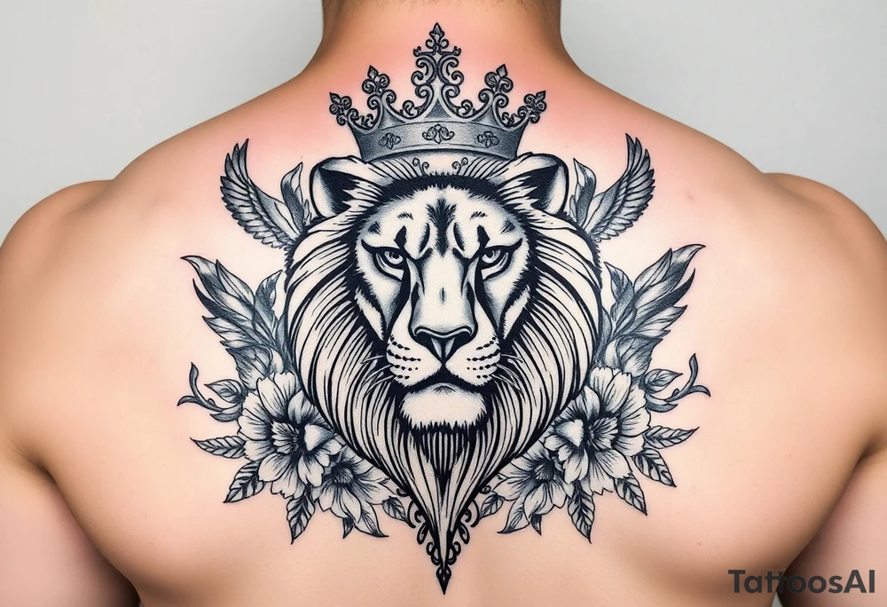 powerful majestic lion with a crown, surrounded by floral ornaments and birds tattoo idea