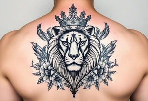 powerful majestic lion with a crown, surrounded by floral ornaments and birds tattoo idea