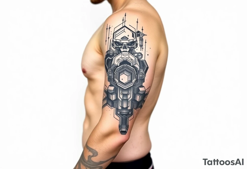 design a full “sleeve” tattoo that consists of a base layer of abstract hexagon pattern overlaid with a little blackwork abstract while incorporating the top tattoo and integrating slight biomech designs tattoo idea