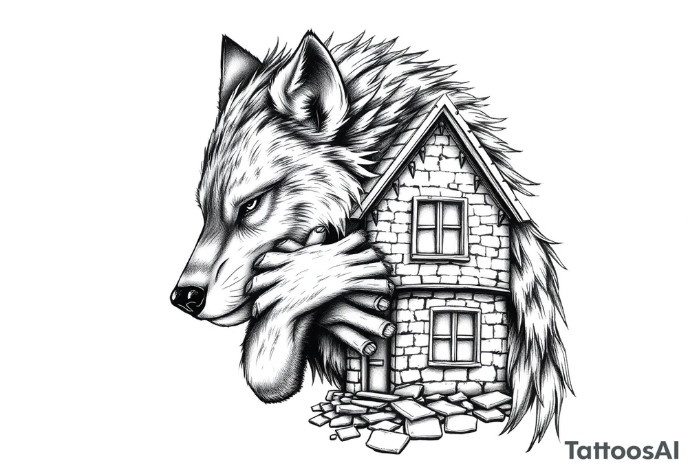 Big bad wolf hugging and puffing and blowing a brick house down tattoo idea