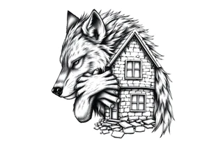 Big bad wolf hugging and puffing and blowing a brick house down tattoo idea