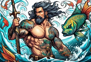 muscular
god 
posideon fighting a sport fish with a trident surrounded by mermaids tattoo idea