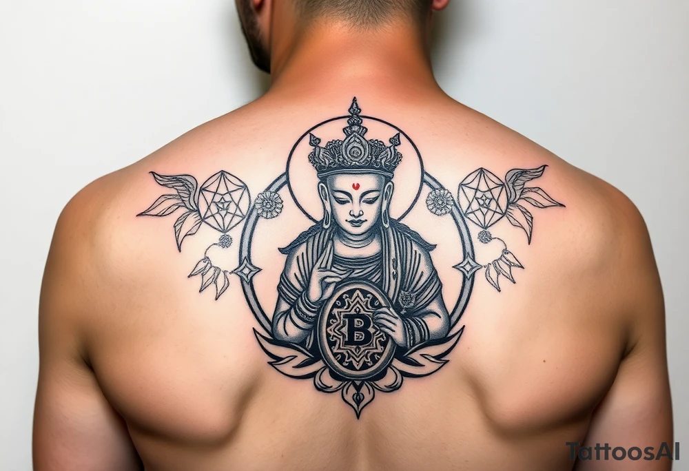 "Tibetan thangka tattoo but deity is a crypto wallet with QR face. Geometric patterns, black/red ink." tattoo idea