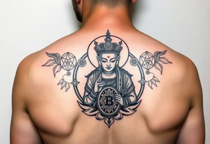 "Tibetan thangka tattoo but deity is a crypto wallet with QR face. Geometric patterns, black/red ink." tattoo idea