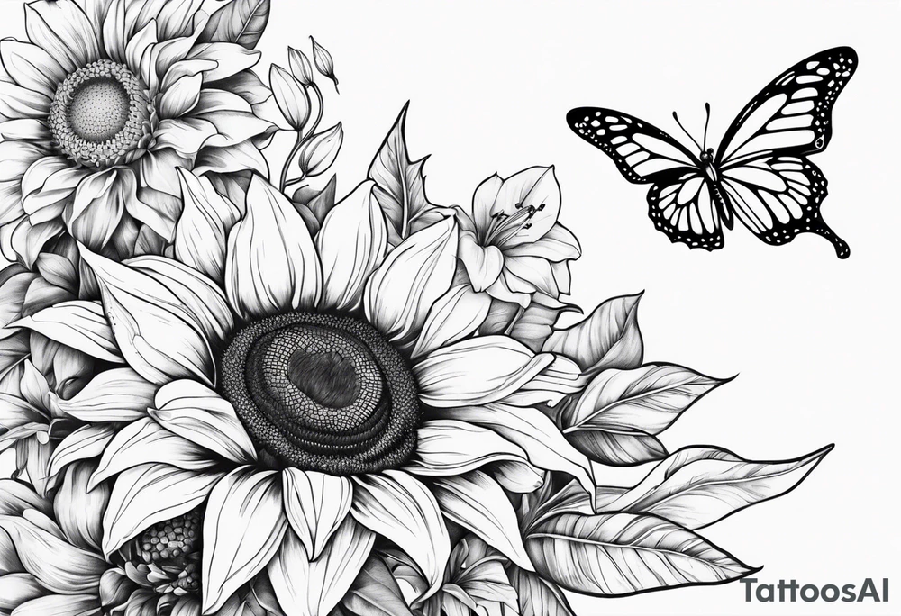 Sunflower and lily with butterflies tattoo idea