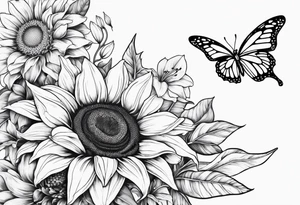 Sunflower and lily with butterflies tattoo idea