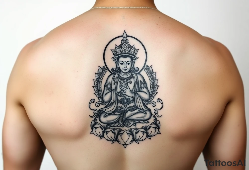 "Tibetan thangka tattoo but deity is a crypto. Geometric patterns, black/red ink." tattoo idea