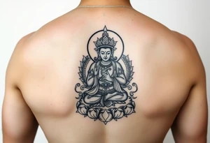 "Tibetan thangka tattoo but deity is a crypto. Geometric patterns, black/red ink." tattoo idea