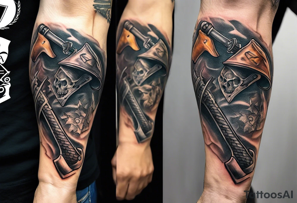A forearm tattoo that includes a halligan bar and flathead axe tattoo idea