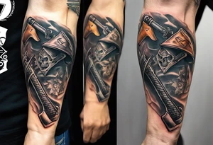 A forearm tattoo that includes a halligan bar and flathead axe tattoo idea