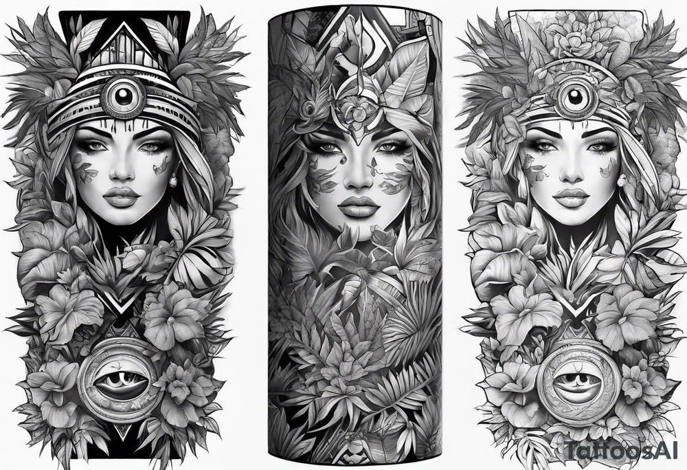 full arm sleeve tattoo with all-seeing eye and jungle plants tattoo idea
