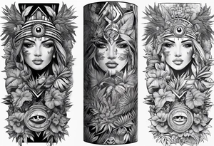 full arm sleeve tattoo with all-seeing eye and jungle plants tattoo idea