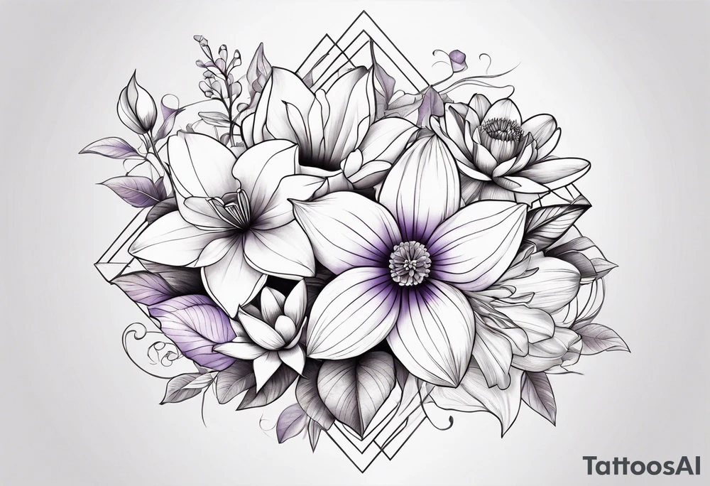flower bouquet with 1 violet, 1 water lilly, and 1 narcissus tattoo idea