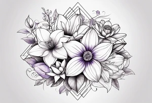 flower bouquet with 1 violet, 1 water lilly, and 1 narcissus tattoo idea