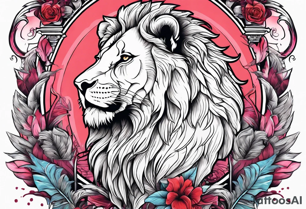 powerful majestic lion, eating a flamingo with feathers and blood and guts tattoo idea