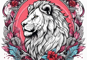 powerful majestic lion, eating a flamingo with feathers and blood and guts tattoo idea