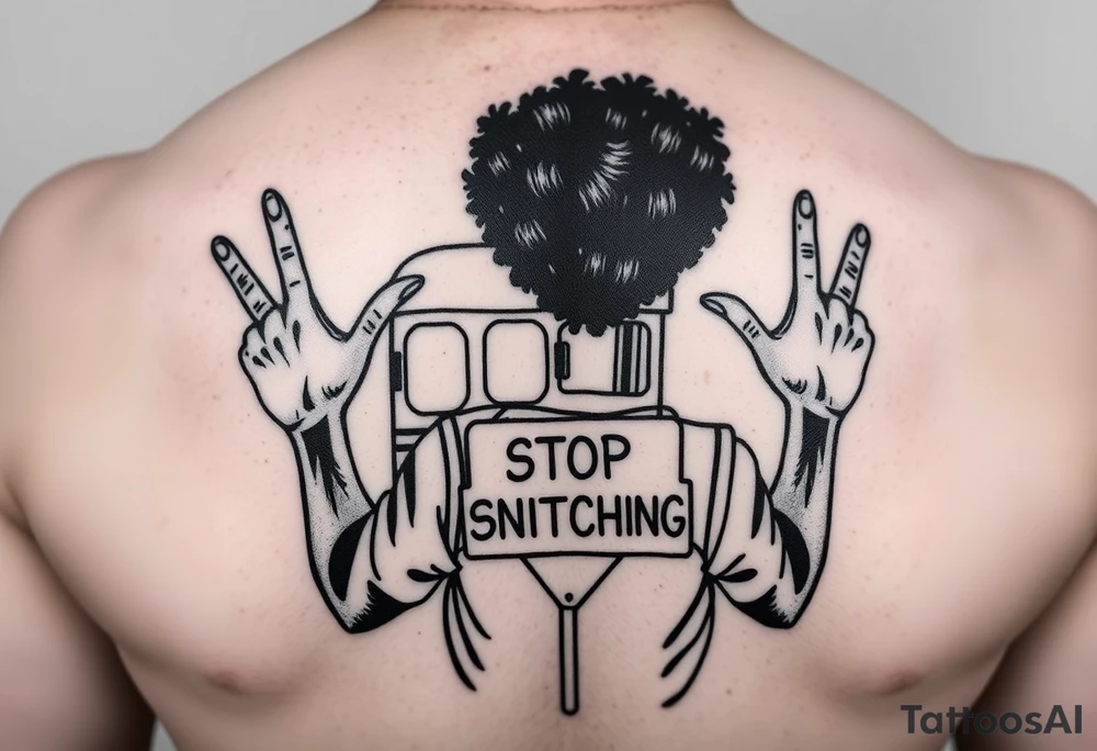 an african american with an afro making a T with his hands standing in front of a short bus with a stop sign that says STOP SNITCHING tattoo idea