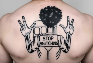 an african american with an afro making a T with his hands standing in front of a short bus with a stop sign that says STOP SNITCHING tattoo idea