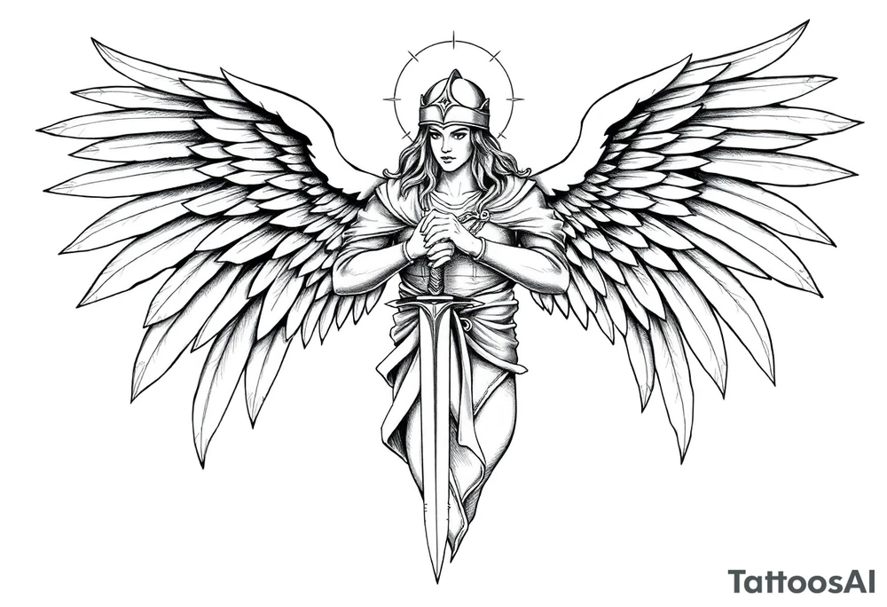 Holy Archangel, Biblical, Christianity, Hebrew, Guards of Christianity, Holding a sword, has six wings, wearing helmet, halo, seraphim, seek justice, walk only with God tattoo idea