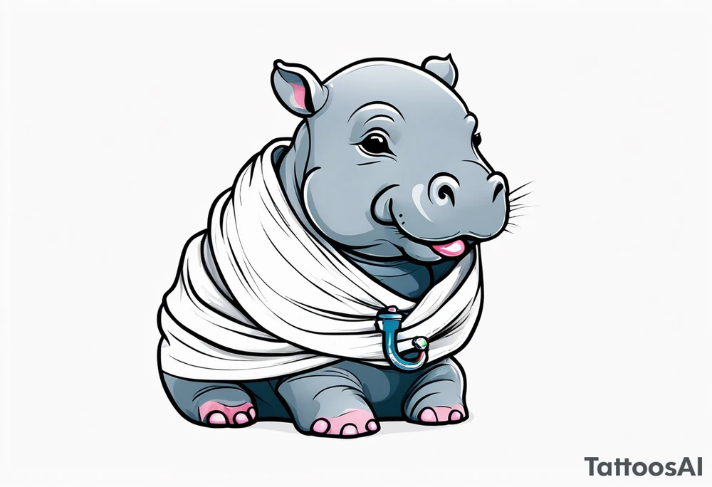 Baby hippo wrapped in a baby swaddle with a pacifier tattoo idea