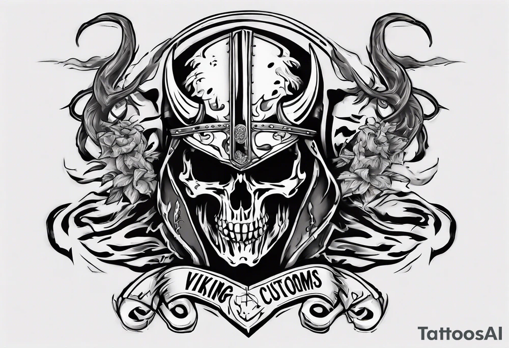 Create a tattoo design of my company called “Viking Customs” i want the name in the tattoo with a skeleton riding a motorcycle into the distance with flames tattoo idea