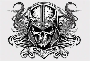 Create a tattoo design of my company called “Viking Customs” i want the name in the tattoo with a skeleton riding a motorcycle into the distance with flames tattoo idea