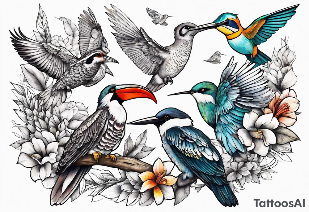 Flock of birds including owl, hummingbird, pelican tattoo idea