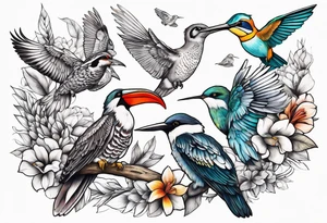 Flock of birds including owl, hummingbird, pelican tattoo idea