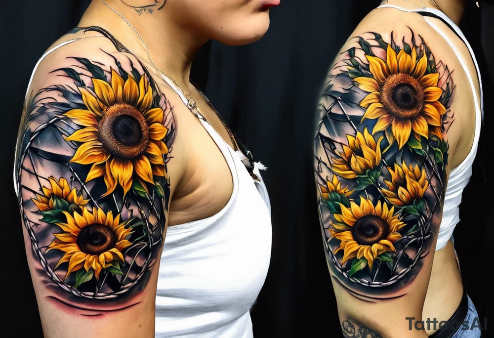 Sunflower, wheat, and barbed wire half sleeve tattoo idea