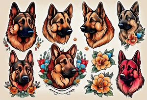 Red Sable colored German shepherd portrait brightly colored with flowers tattoo idea
