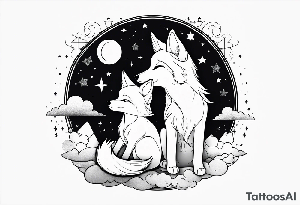 little girl with a fox sit side by side on a cloud and look at the stars tattoo idea