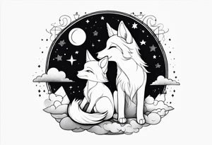 little girl with a fox sit side by side on  a cloud and look at the stars tattoo idea