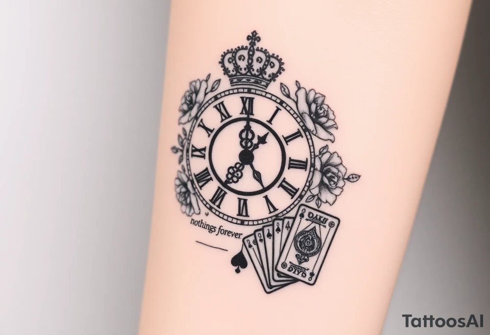 Roman clock with roses and a crown, a quote that says nothings forever. and on the bottom a deck of cards tattoo idea