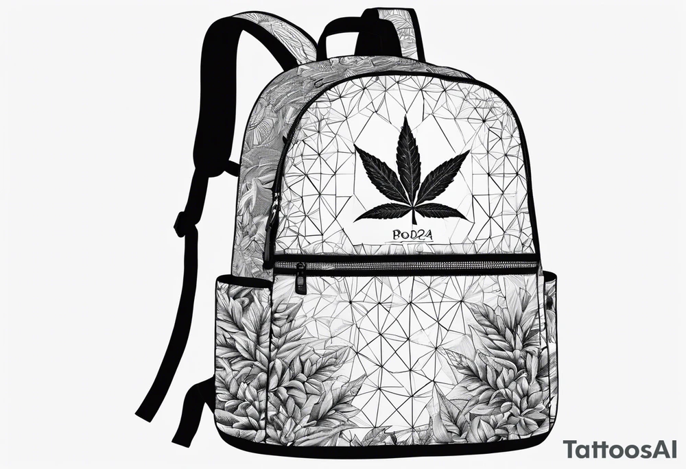 Backpack with the words 'PBOB on tour 2024' with a hidden weed leaf tattoo idea