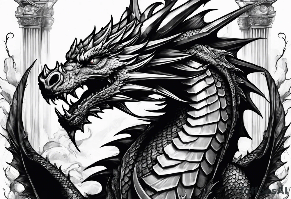 Dragon after a fight holding on 2 broken roman columns tattoo idea