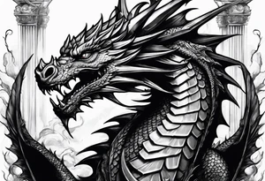 Dragon after a fight holding on 2 broken roman columns tattoo idea
