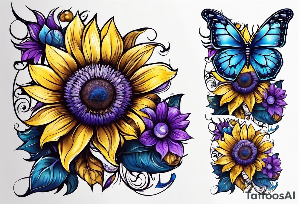 Purple, yellow and blue sunflowers with a butterfly arm.sleeve tattoo idea