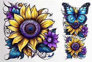 Purple, yellow and blue sunflowers with a butterfly arm.sleeve tattoo idea