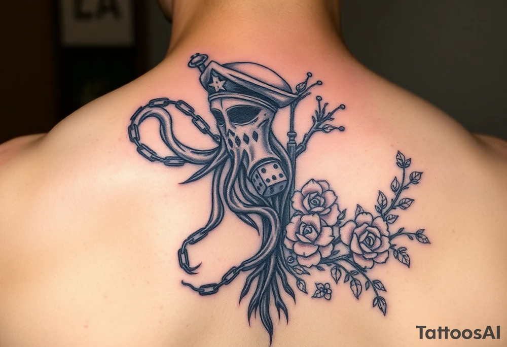 Squid and knight and sailor hat combined with chains, tree roots, cherry blossoms and roses rolling dice tattoo idea