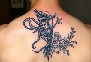 Squid and knight and sailor hat combined with chains, tree roots, cherry blossoms and roses rolling dice tattoo idea