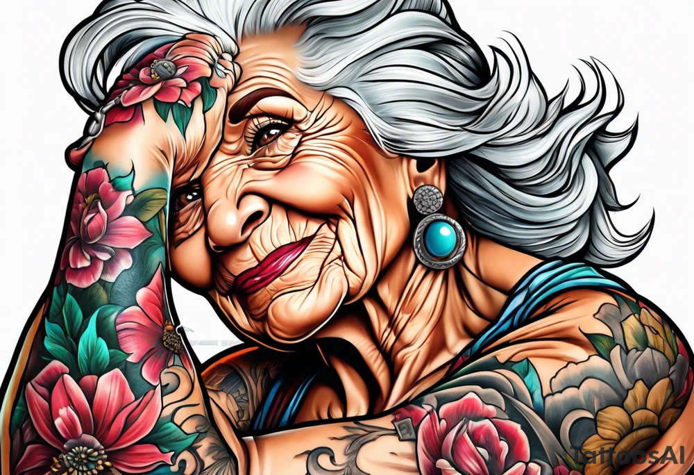 Muscular old lady showing off muscles. tattoo idea