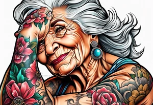 Muscular old lady showing off muscles. tattoo idea