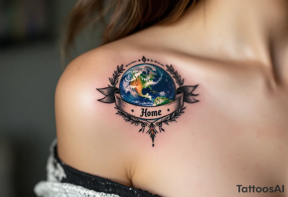 A traditional-style tattoo of Earth in bold royal blue and bright green is framed by black banners reading “Home.” tattoo idea