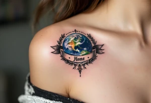 A traditional-style tattoo of Earth in bold royal blue and bright green is framed by black banners reading “Home.” tattoo idea