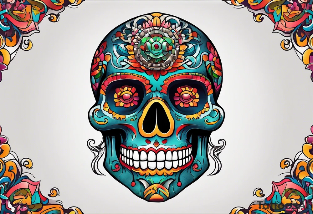 Colorful mayan skull with mouth as cave with water coming out tattoo idea