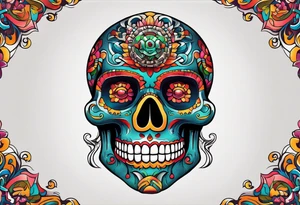 Colorful mayan skull with mouth as cave with water coming out tattoo idea