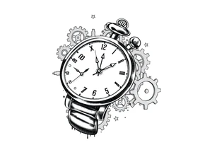 Clocks on arm that show kids birthday with gears as background tattoo idea